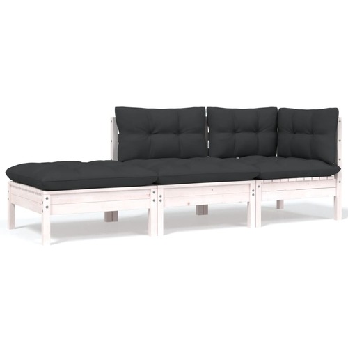 3 Piece Garden Lounge Set with Cushions White Solid Pinewood