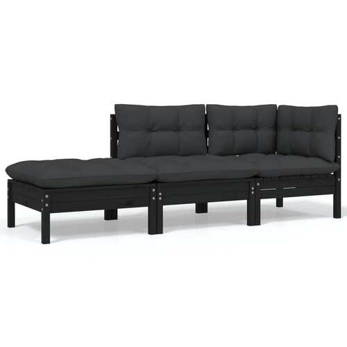 3 Piece Garden Lounge Set with Cushions Black Solid Pinewood