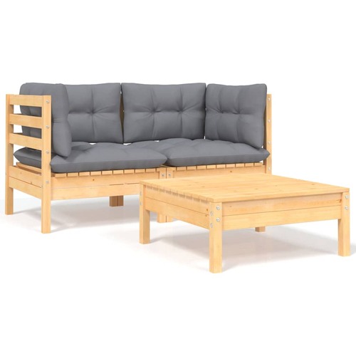3 Piece Garden Lounge Set with Grey Cushions Solid Pinewood