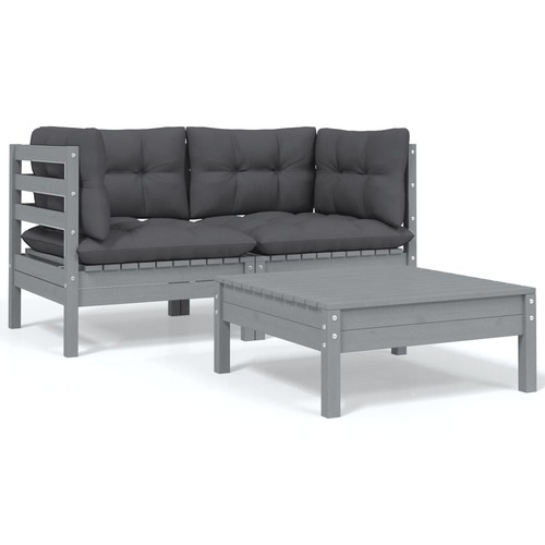 3 Piece Garden Lounge Set with Cushions Grey Solid Pinewood