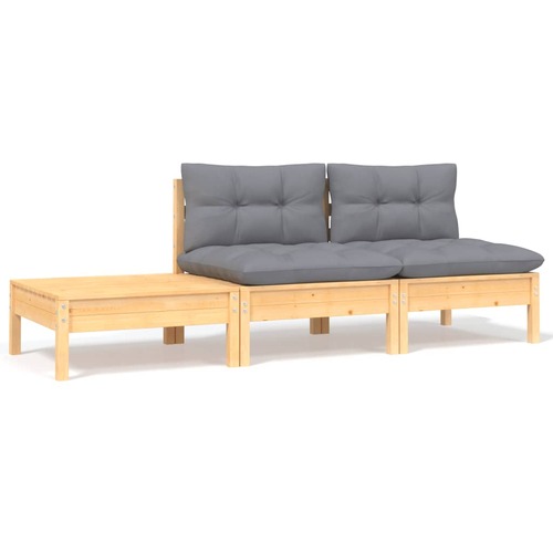 3 Piece Garden Lounge Set with Grey Cushions Solid Pinewood