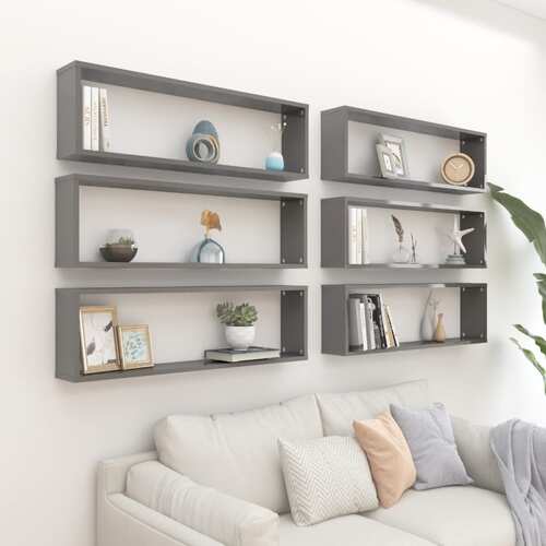 Wall Cube Shelves 6 pcs High Gloss Grey 100x15x30 cm Engineered Wood