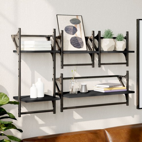 4 Piece Wall Shelf Set with Bars Black Engineered Wood