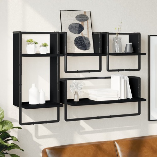 4 Piece Wall Shelf Set with Bars Black Engineered Wood