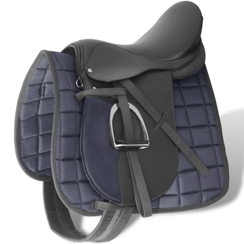 Horse Riding Saddle Set 16" Real Leather Black 14 cm 5-in-1