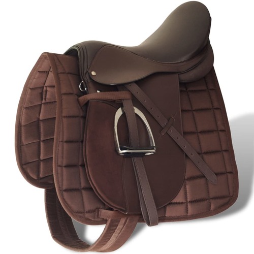 Horse Riding Saddle Set 16" Real Leather Brown 14 cm 5-in-1