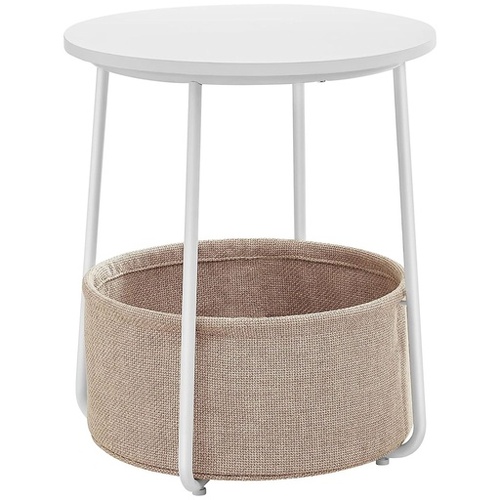 VASAGLE Small Round Side End Table with Fabric Basket White and Beige LET223W10
