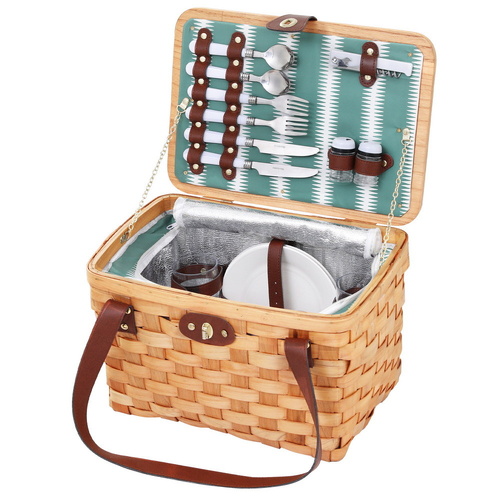 Alfresco 2 Person Picnic Basket Set Wooden Cooler Bag Plates Outdoor Insulated