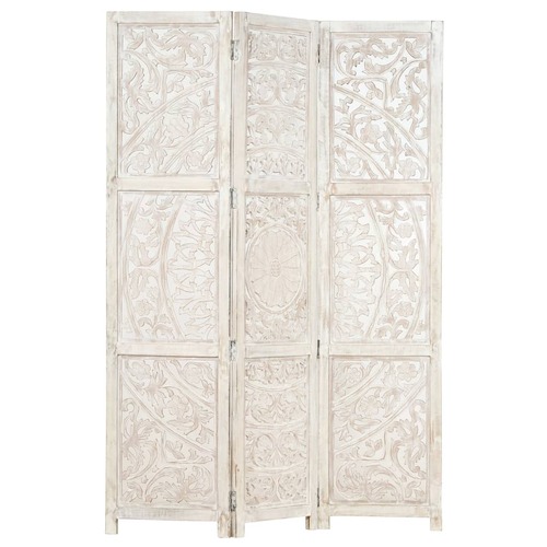 Hand carved 3-Panel Room Divider White 120x165 cm Solid Mango Wood