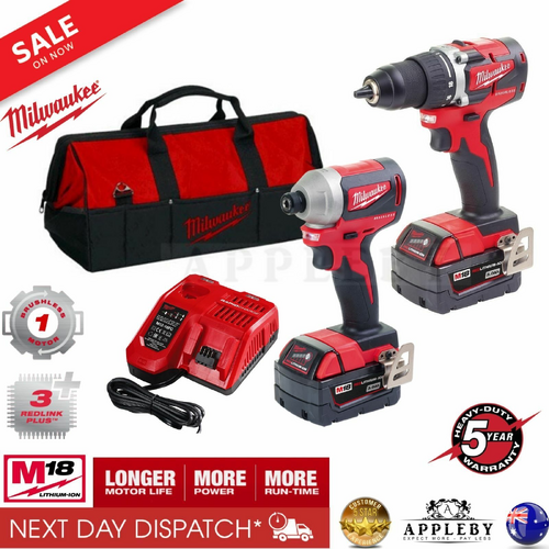 Milwaukee 18V M18 Brushless Drill Driver 1/4" Hex Impact Driver Combo Kit 