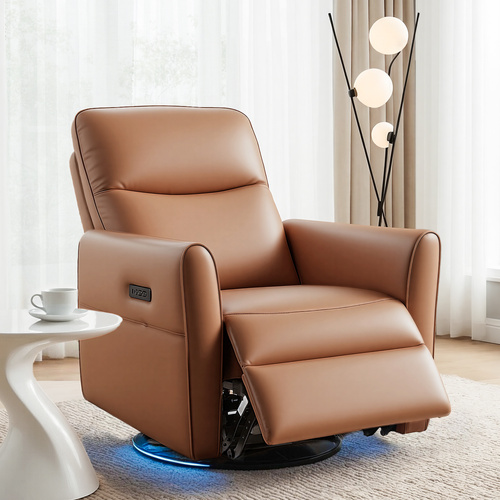 Artiss Swivel Recliner Chair PU Leather Rocking Reclining Sofa​ with Charging Ports LED Brown