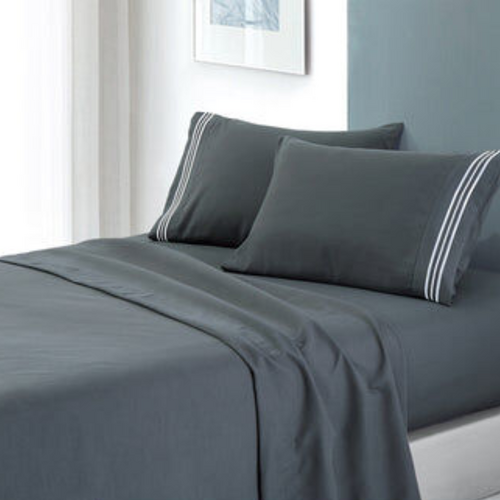 soft microfibre embroidered stripe sheet set king single charcoal pillowcase white stripe