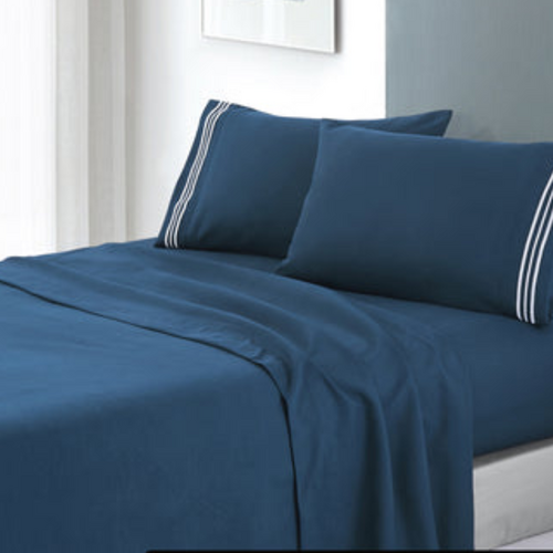 soft microfibre embroidered stripe sheet set king single sailor blue pillowcase white stripe